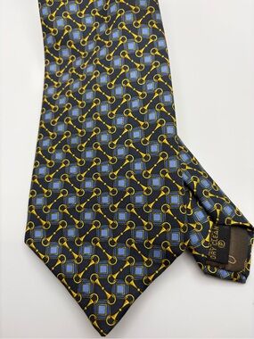 James Fisher 100% Silk Tie Blue & Gold Equestrian Snaffle Bits & Squares 59x3.75